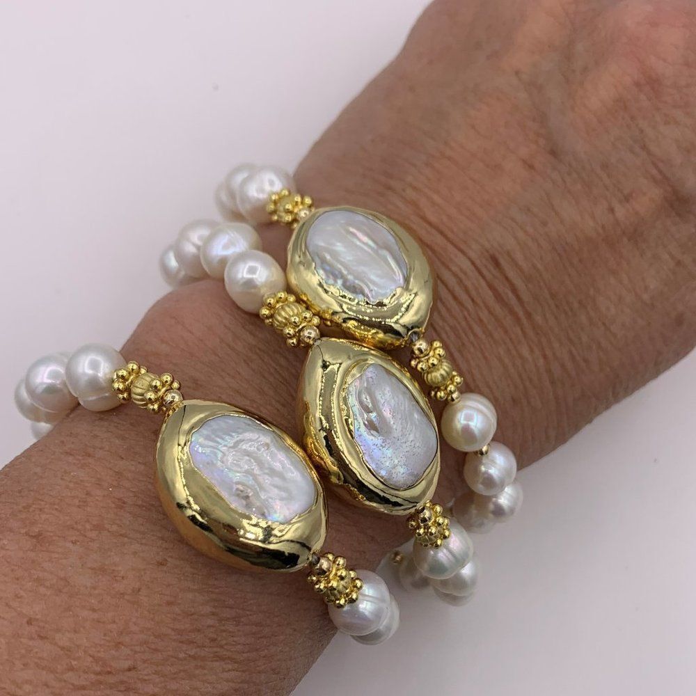 Bracelet, NWOT, real round pearls, real Keshi baroque pearls, 18 K gold
